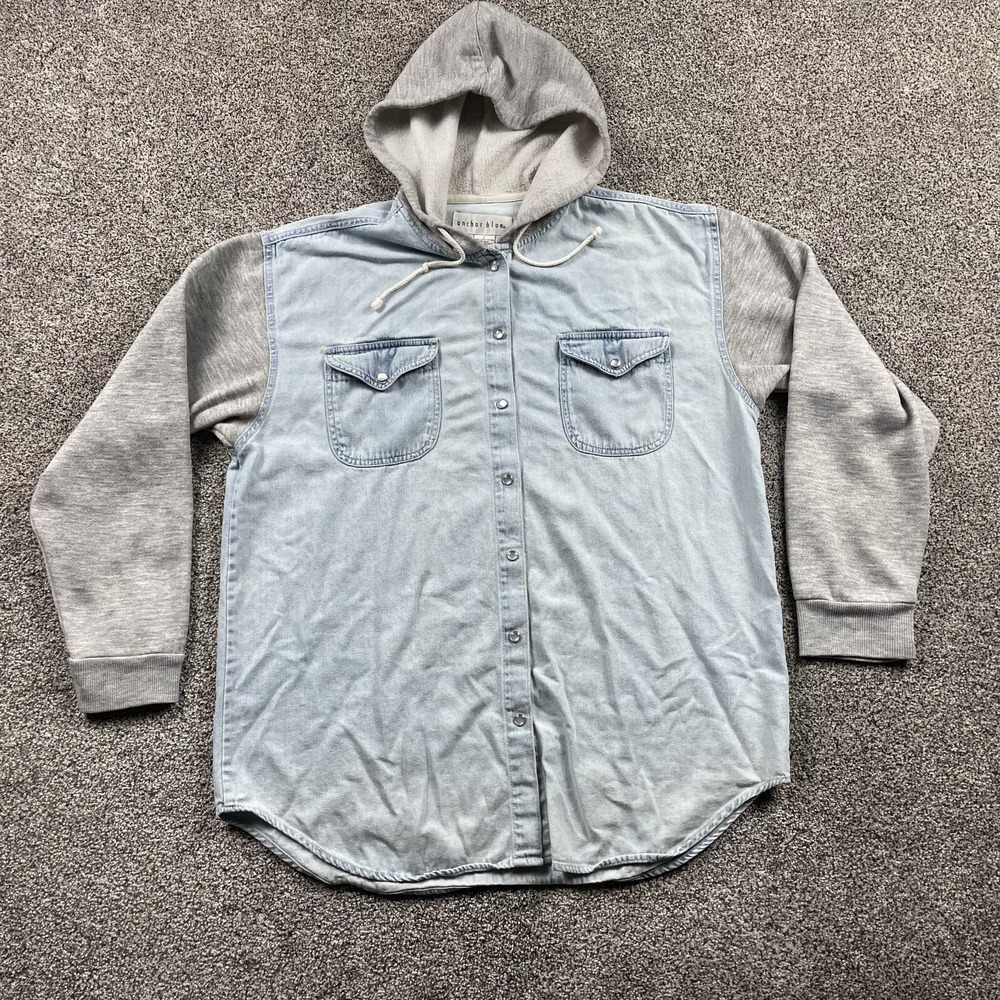 VINTAGE Anchor Blue Shirt Size Large Denim Shacket Hoodie‎ Pearl Snap Y2K Washed